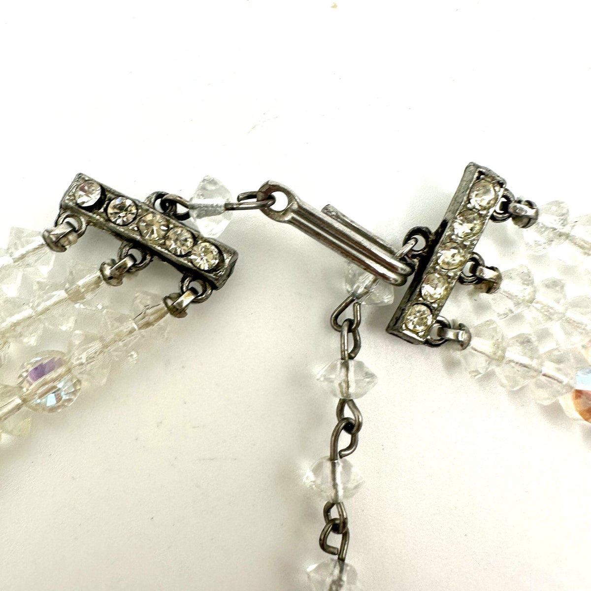 Vintage 3 triple strand clear AB aurora borealis glass beaded graduated necklace