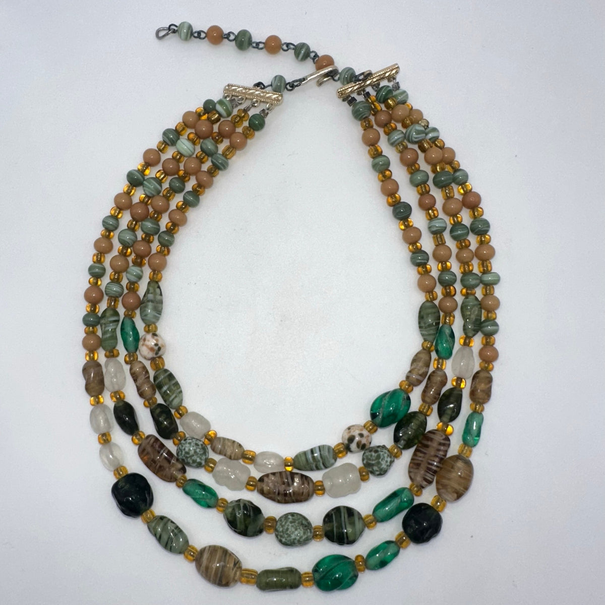 Japan vintage 4 multi strand green tan amber art glass beaded graduated necklace