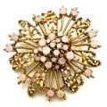 Vintage gold tone pink opalite glass rhinestones cream enamel flowers brooch