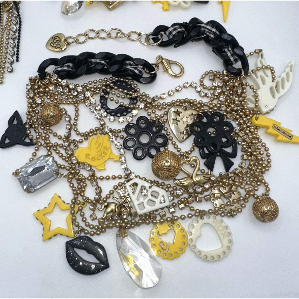 Betsey Johnson Rocker Chic gold tone charms necklace bracelet earrings set