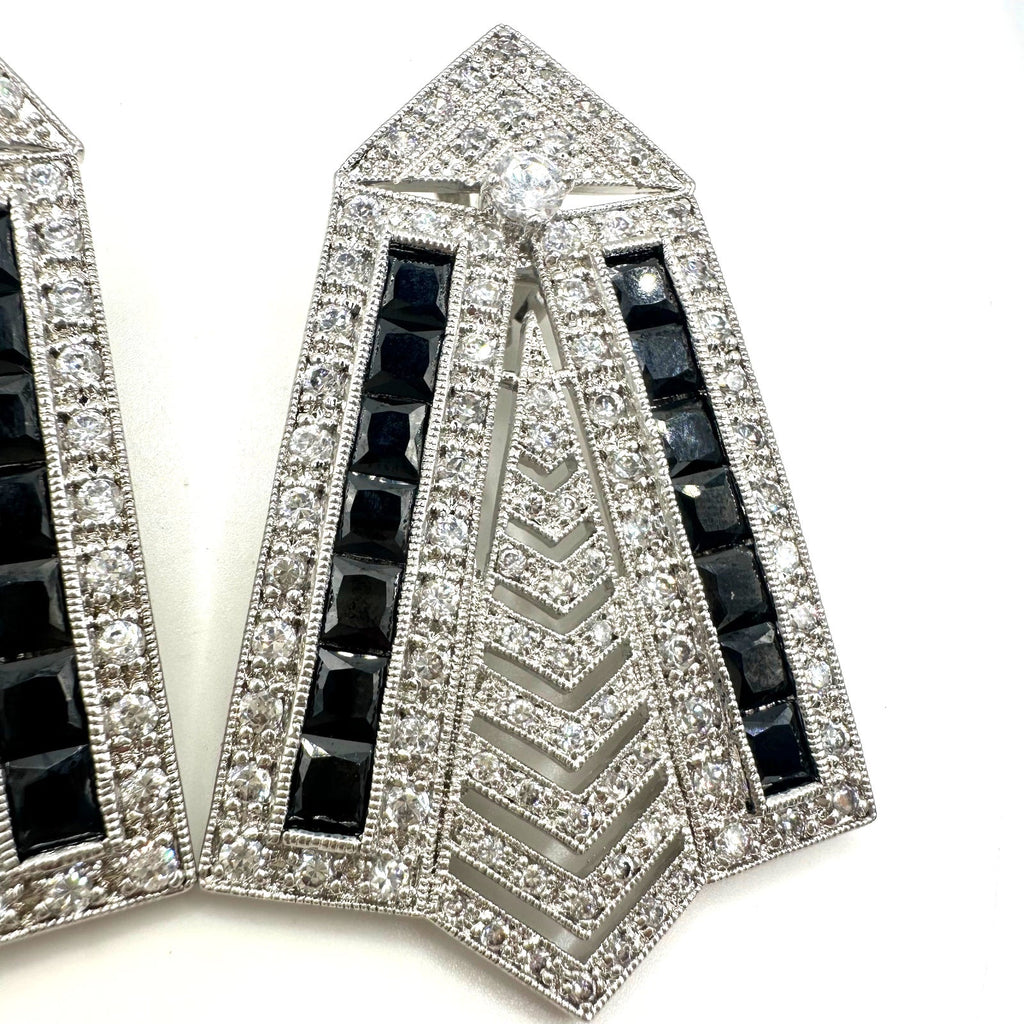 Real Collectibles by Adrienne Art Deco Revival silver black CZ clip on earrings