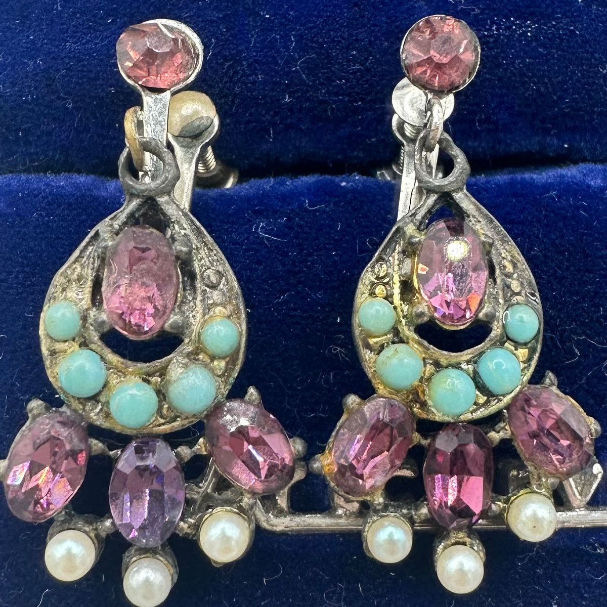 Vintage silver tone purple rhinestones faux turquoise pearls screw back earrings