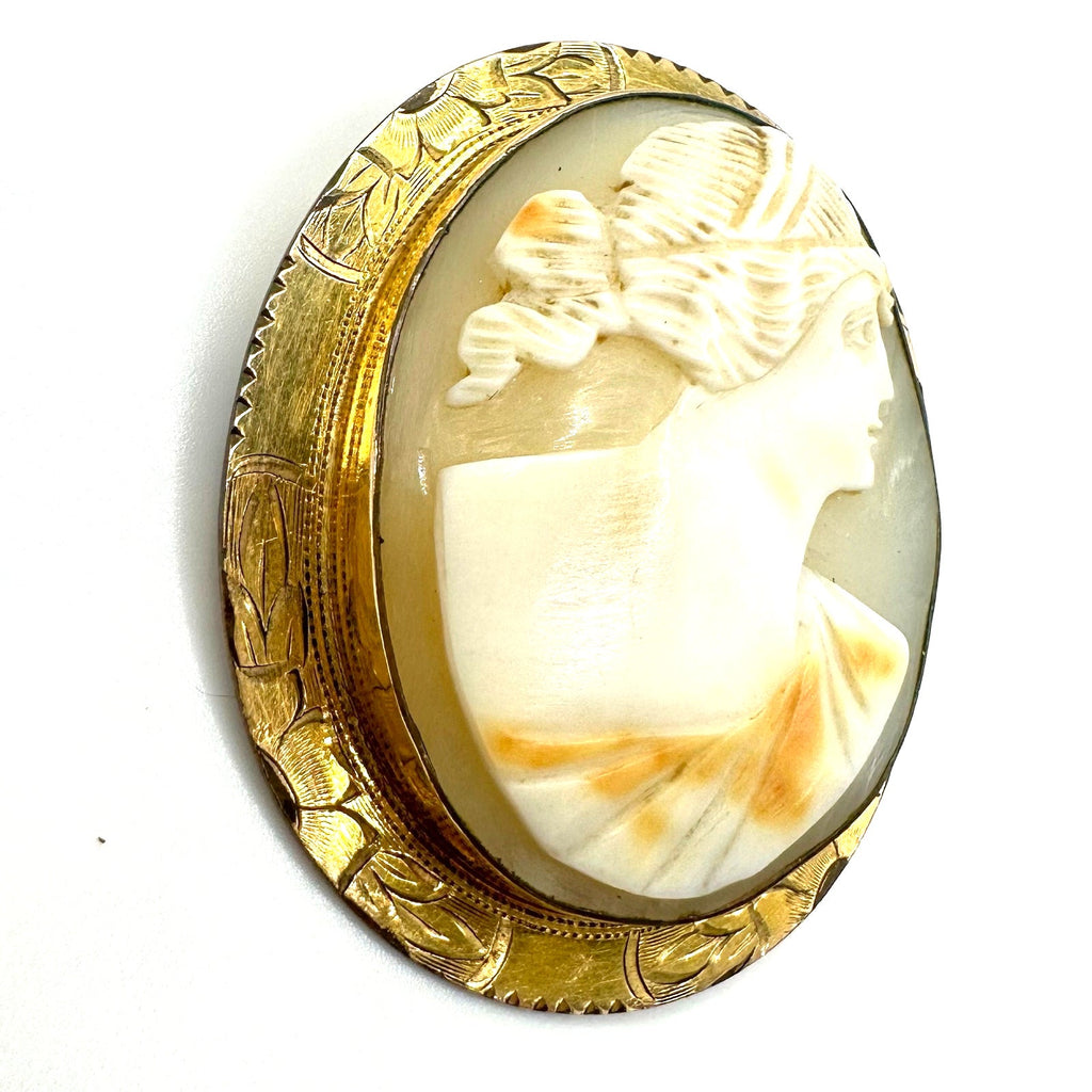 Antique Edwardian gold filled and gilt genuine carved shell cameo brooch