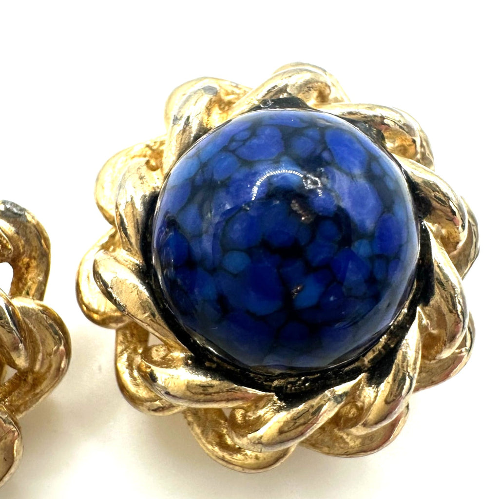 Gay Boyer  vintage gold tone blue art glass cabochon clip on earrings