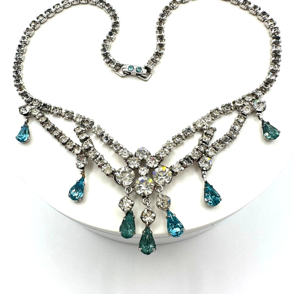 1940s 1950s vintage silver tone clear blue glass rhinestones drops swag necklace