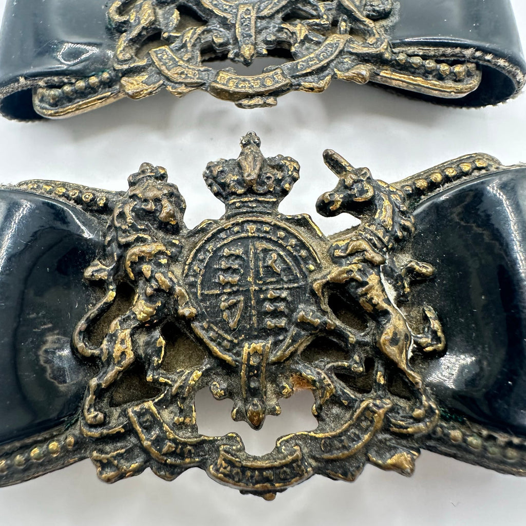 Set of 2 vintage British Military General heraldic patent leather bows buckles