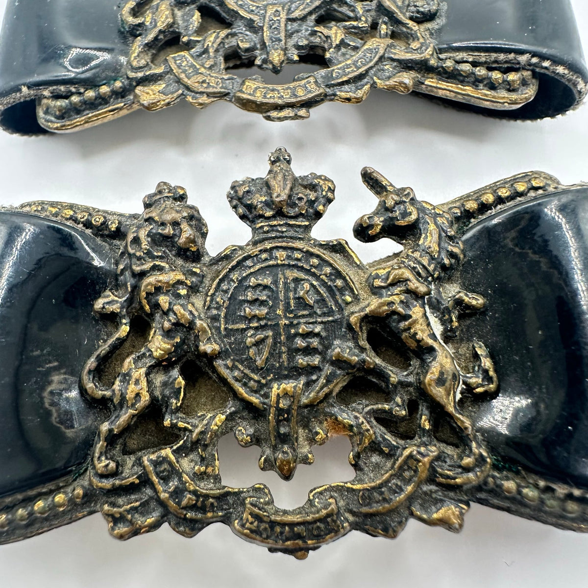 Set of 2 vintage British Military General heraldic patent leather bows buckles