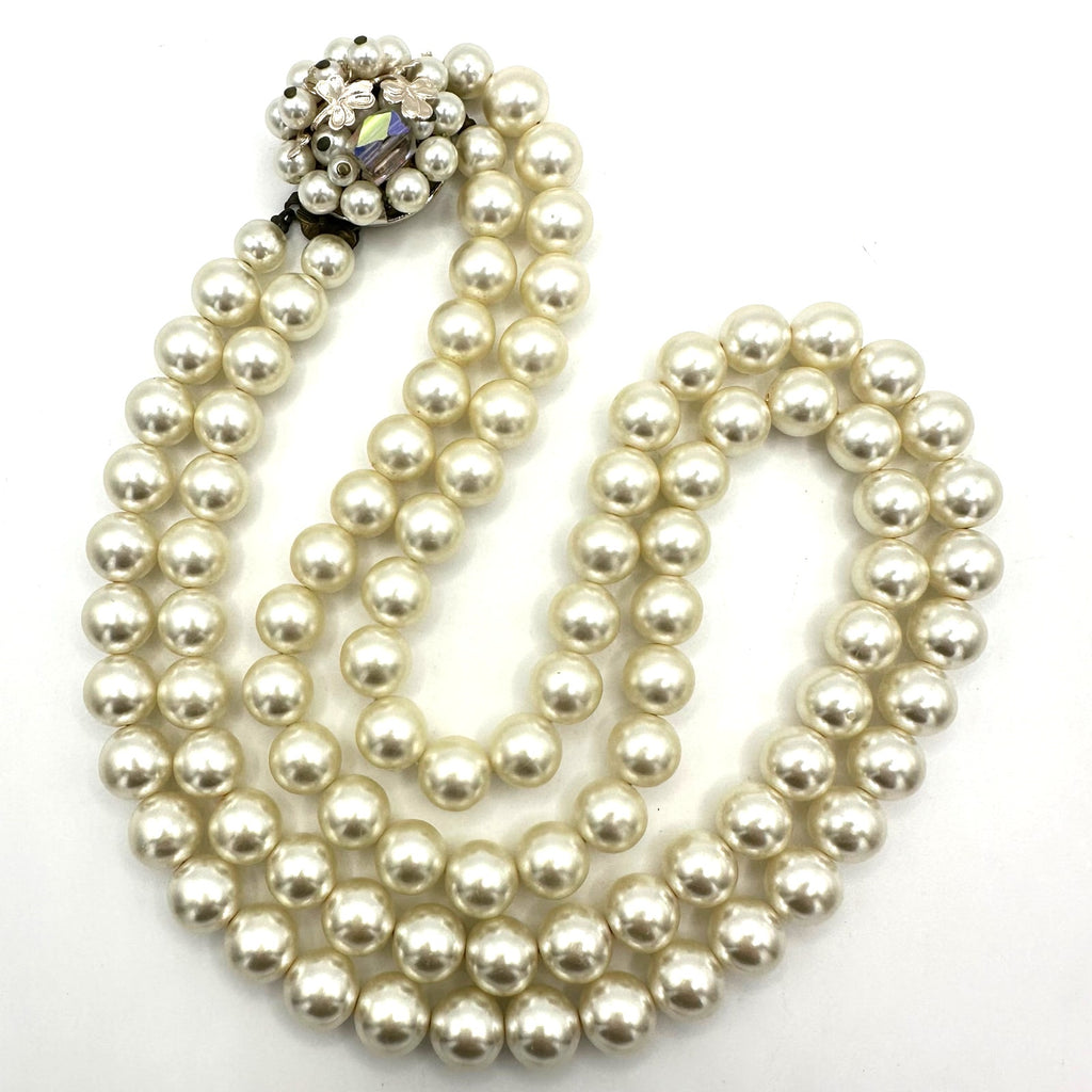 Vintage 2 double strand white lucite pearls beads beaded AB glass clasp necklace