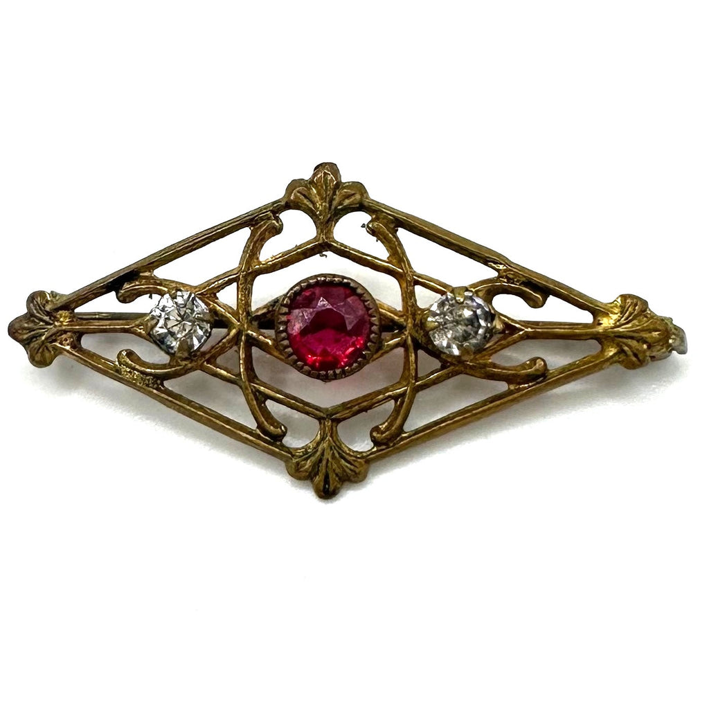 Antique Edwardian 1900s 1910s gold gilt red clear glass paste rhinestones brooch