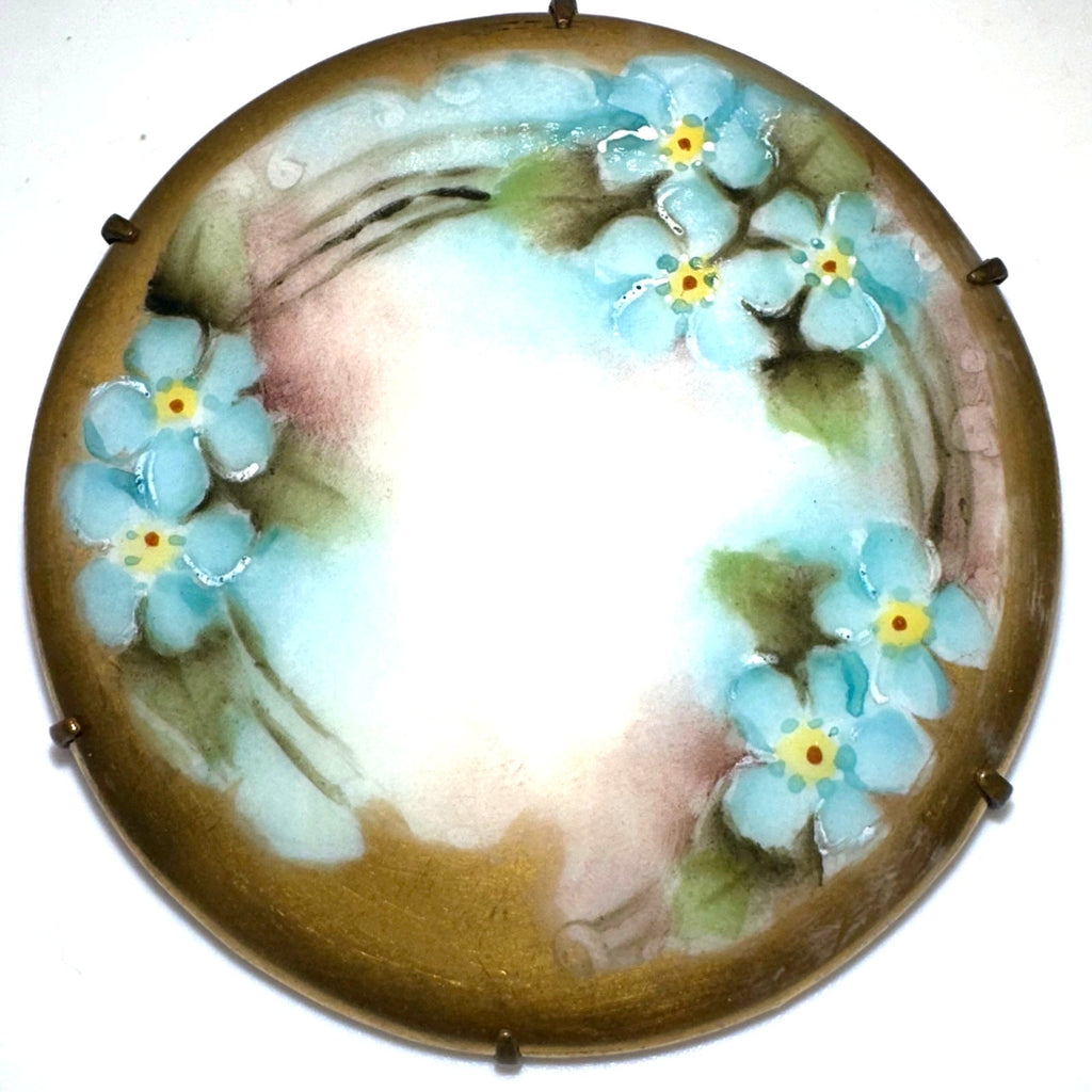 Antique Victorian Edwardian hand painted blue forget me not flowers brooch