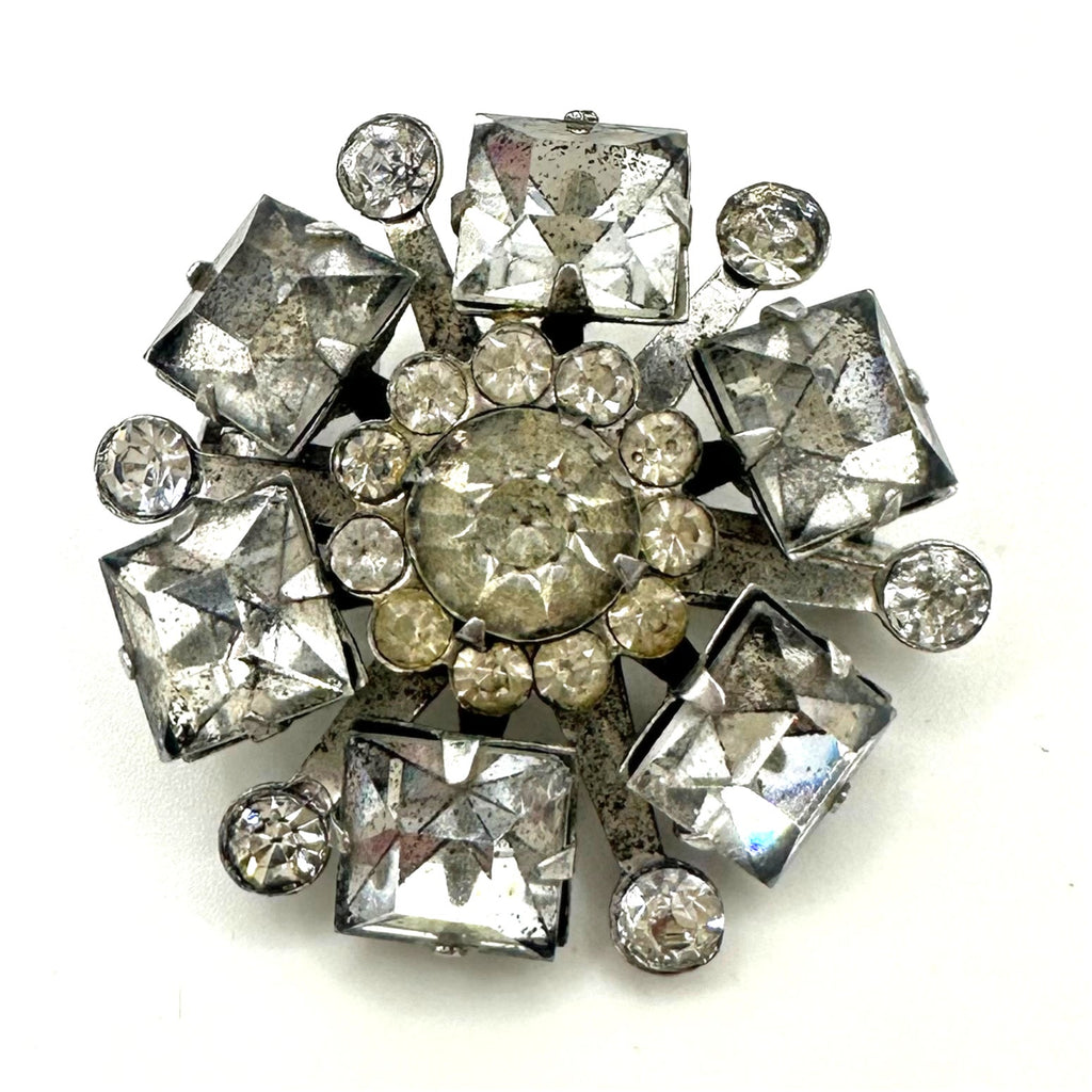 Vintage 1940s 1950s silver tone clear glass rhinestones brooch pendant 1.25"