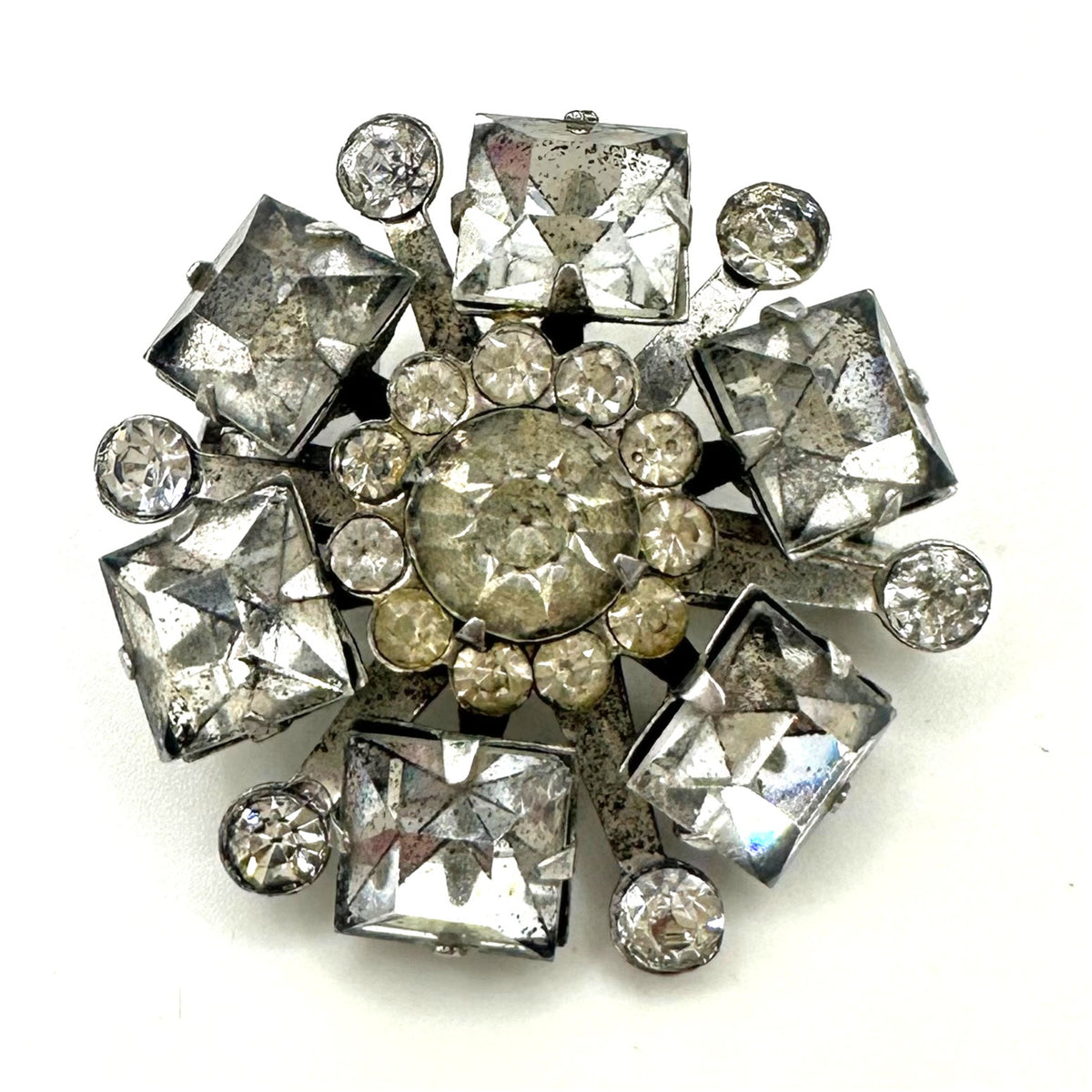 Vintage 1940s 1950s silver tone clear glass rhinestones brooch pendant 1.25"