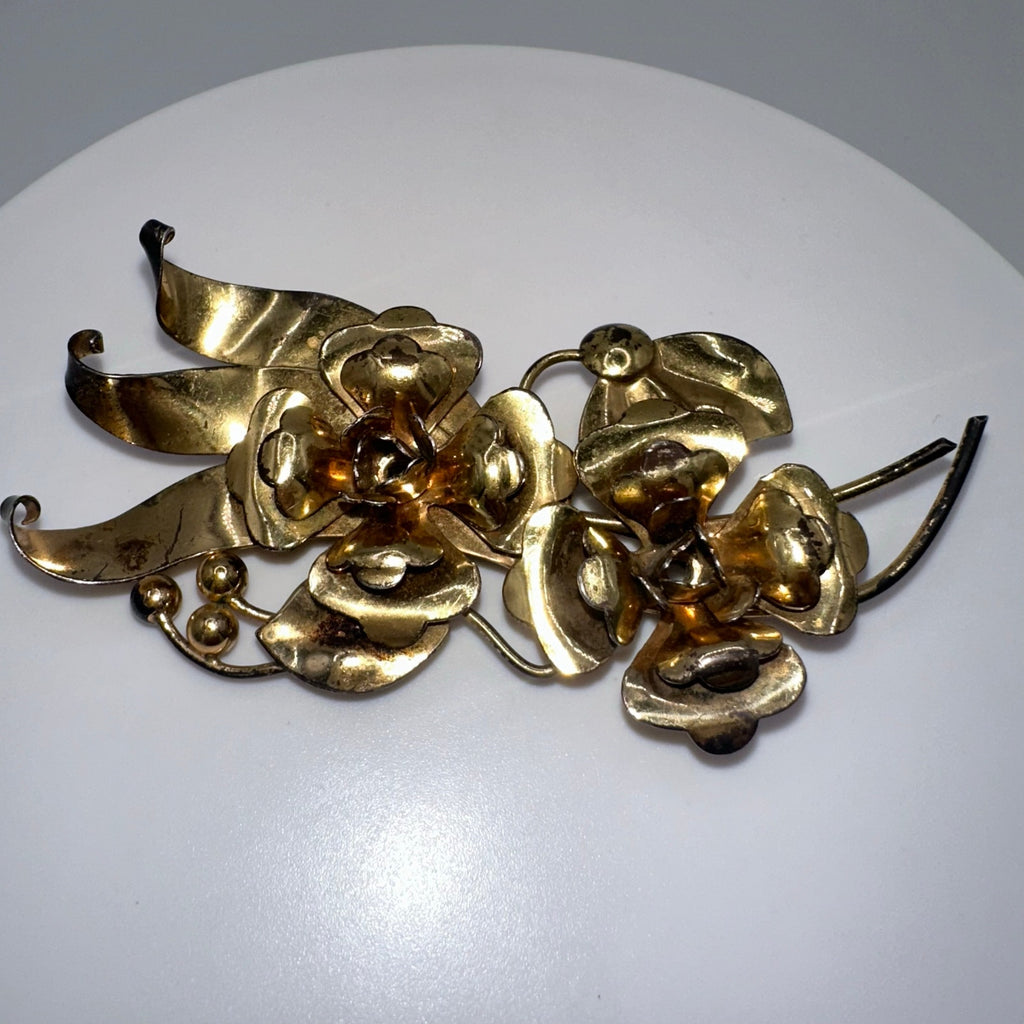 Harry Iskin 1940s vintage sterling silver gold vermeil floral flowers brooch pin