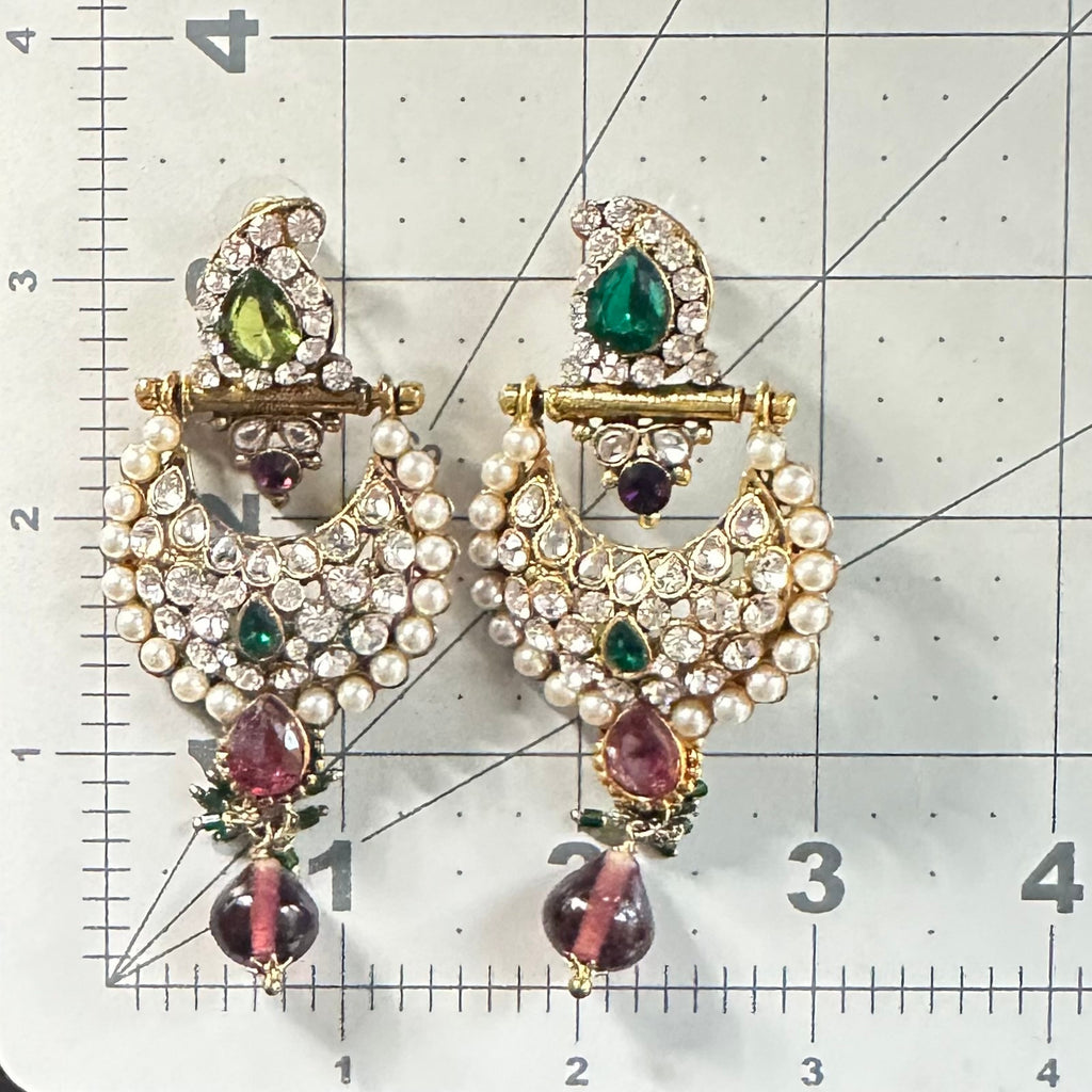 Indian Bridal gold kundan green purple glass rhinestones faux pearl earrings