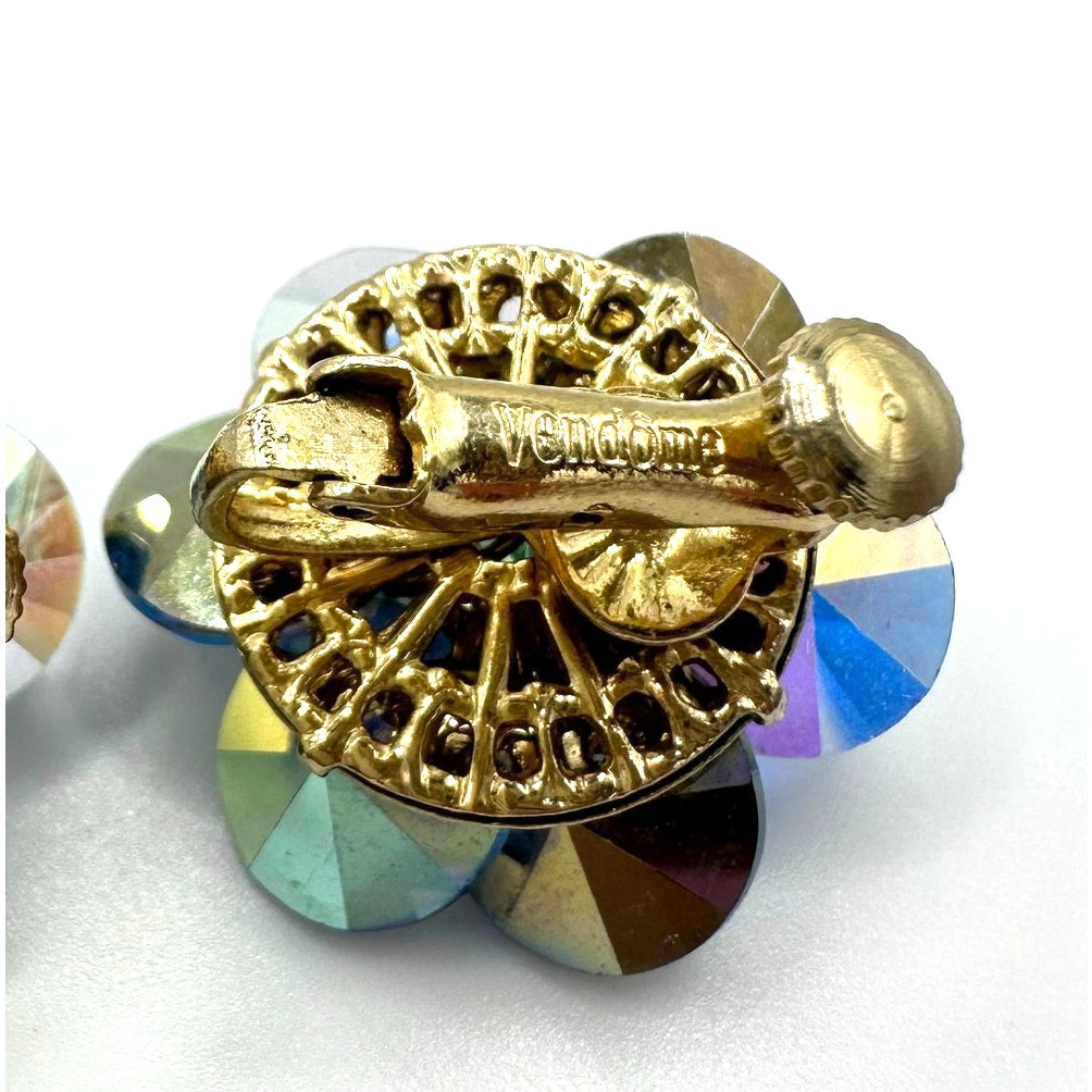 Vendome gold tone AB rivolis green glass beads beaded cluster clip on earrings