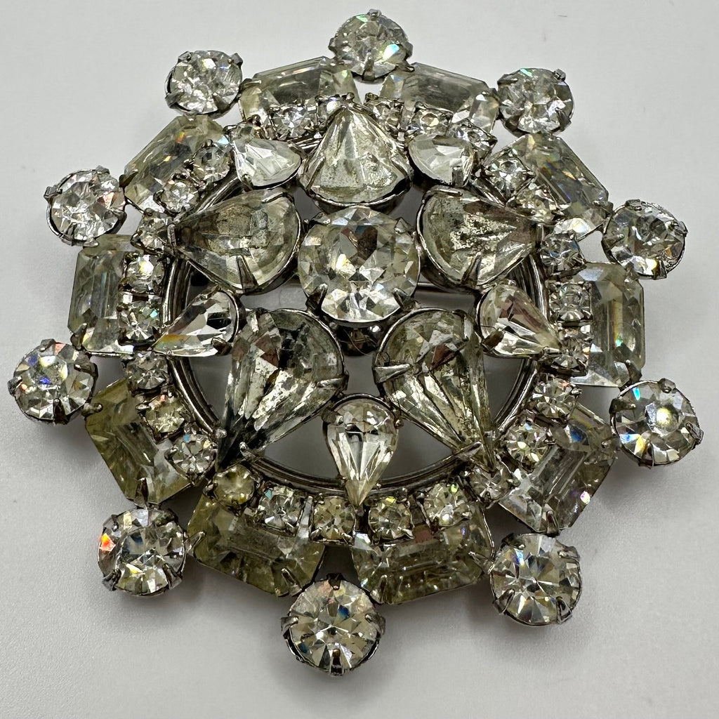1950s vintage silver tone clear rhinestones sawtooth prong round domed 3D brooch