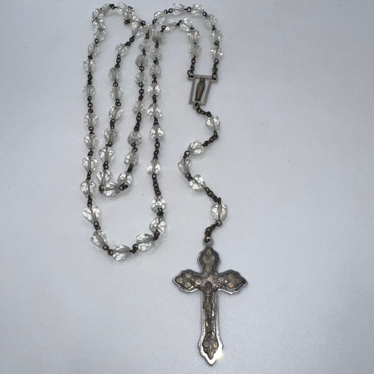 Vintage brass steel faceted clear glass beads beaded Catholic rosary necklace