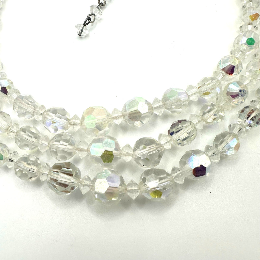 Vintage 3 triple strand clear AB aurora borealis glass beaded graduated necklace