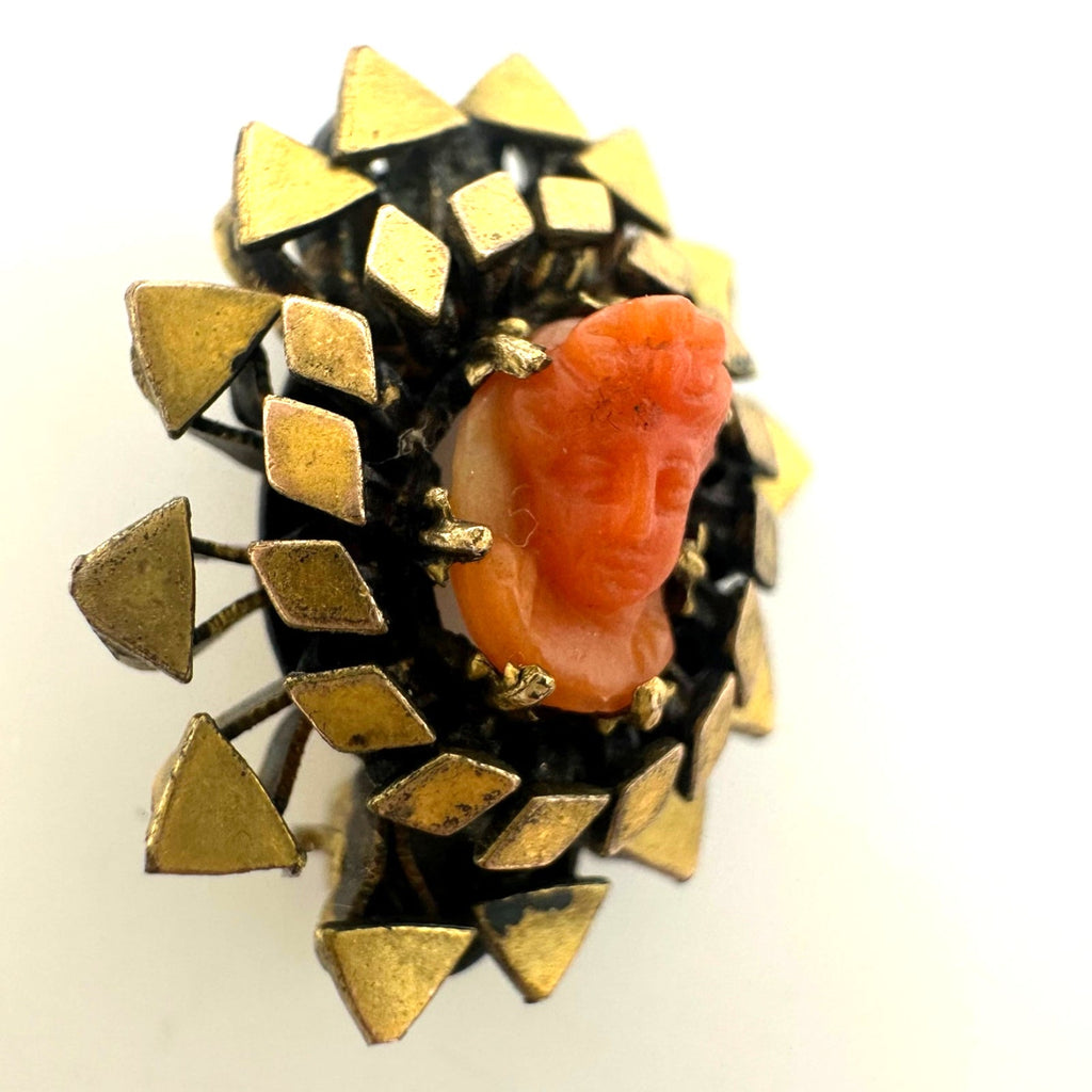 Antique Victorian 1800s gold filled carved red coral cameo dainty tiny brooch