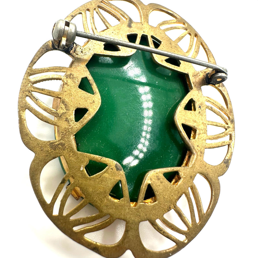 Antique vintage molded emerald green glass cameo gold tone brass brooch