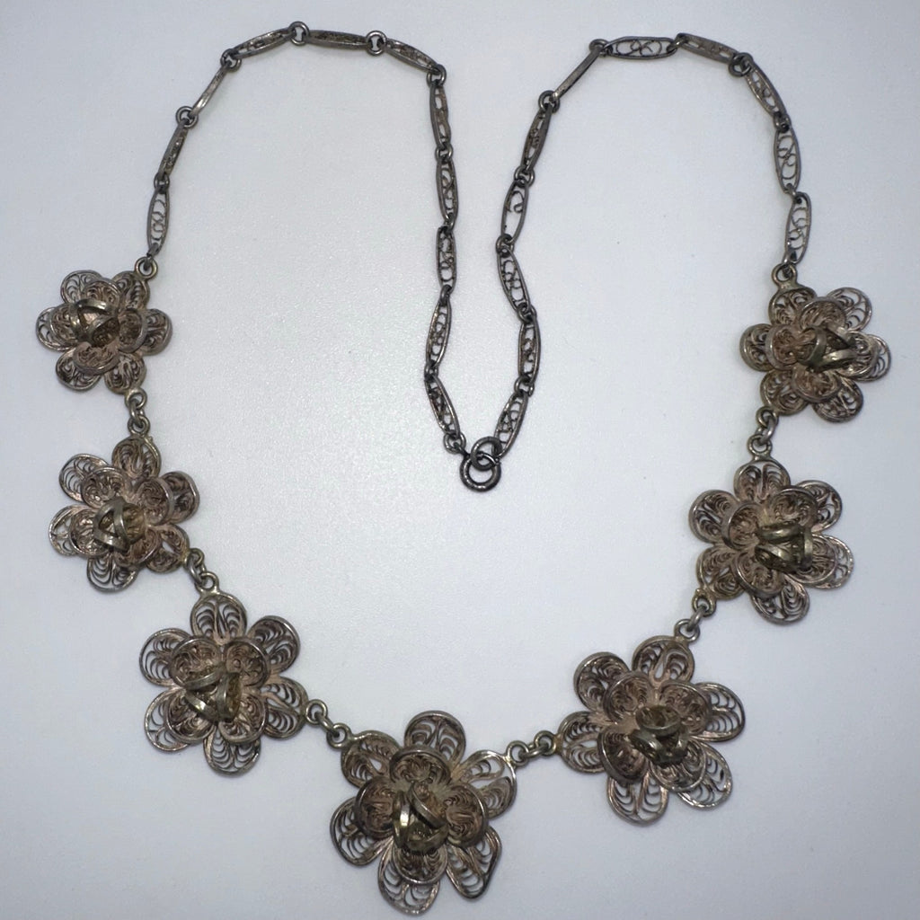 1940s vintage sterling silver handmade filigree graduated necklace 30.50g