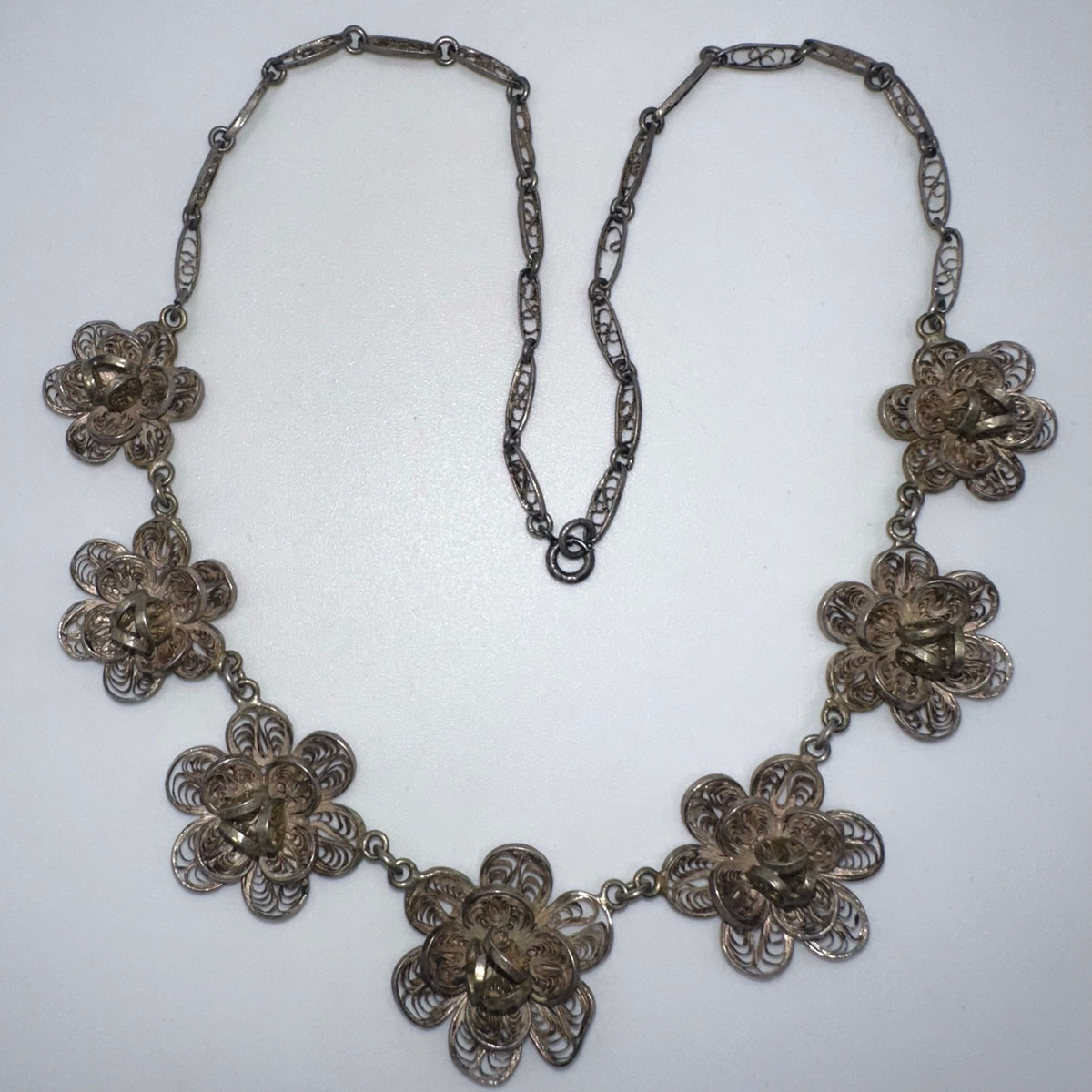 1940s vintage sterling silver handmade filigree graduated necklace 30.50g