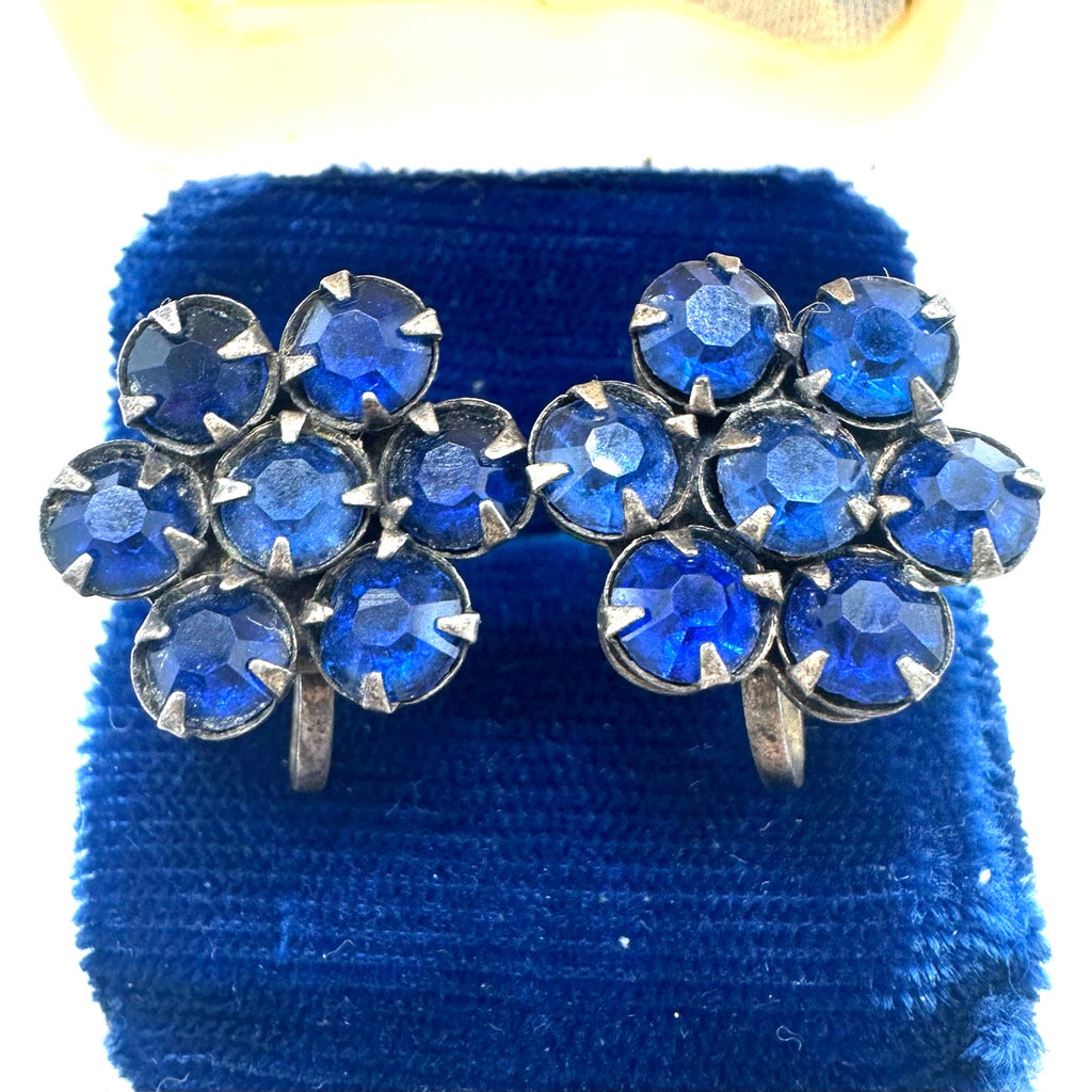 Antique vintage sterling silver blue glass rhinestones screw back earrings