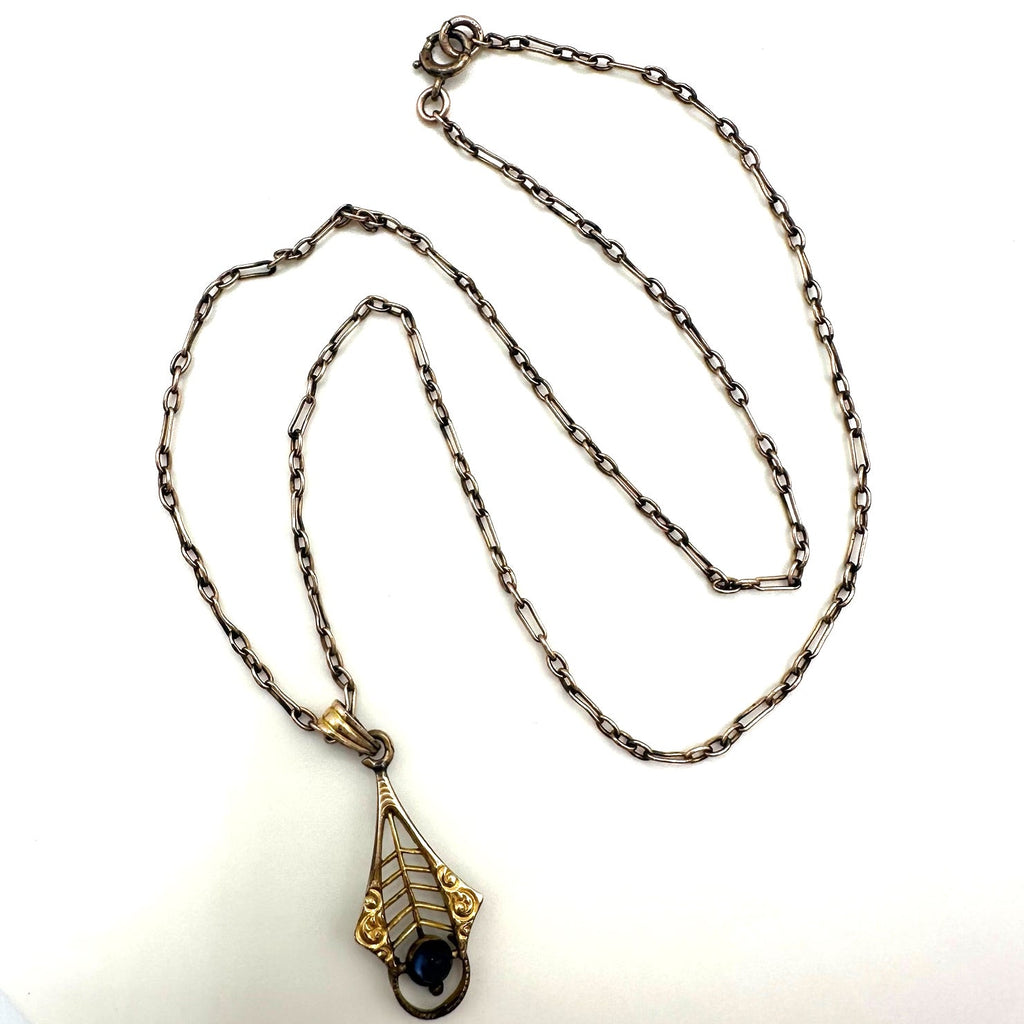 Antique Victorian Edwardian gold filled chain blue glass pendant necklace