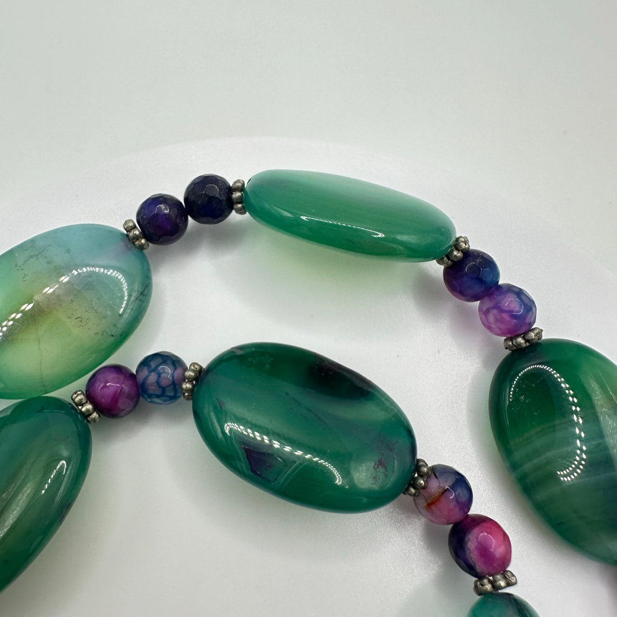 All semiprecious green pink purple dyed banded agate beads beaded necklace