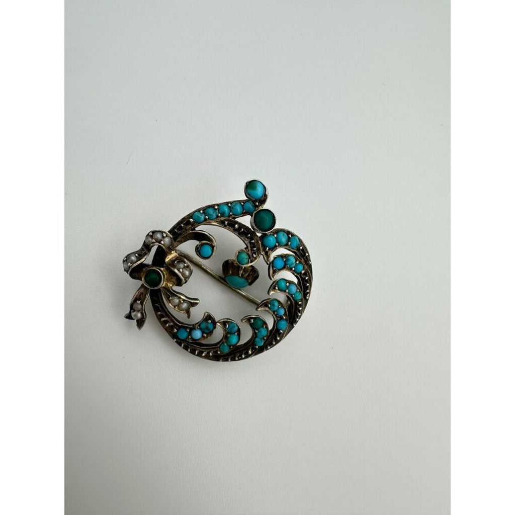 Antique Victorian 9kt gold genuine turquoise cabochons seed pearls bow brooch