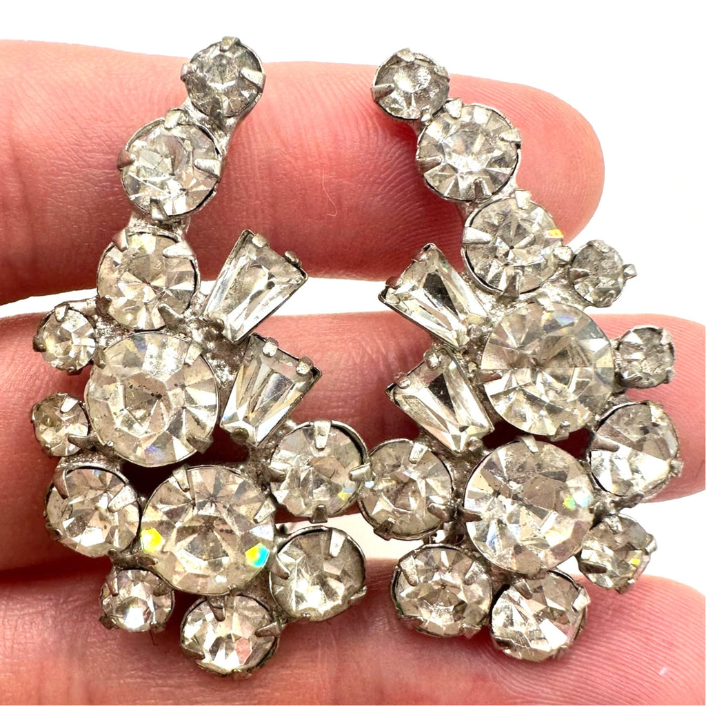 1940s vintage silver tone clear glass rhinestones crawler clip on earrings