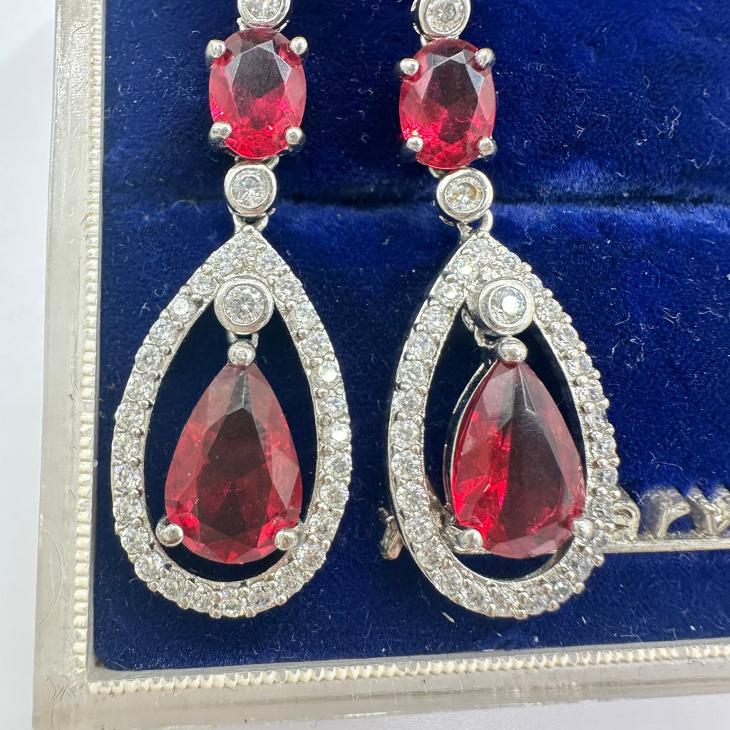 Silver tone red crimson clear cubic zirconia CZ posts dangle drop earrings