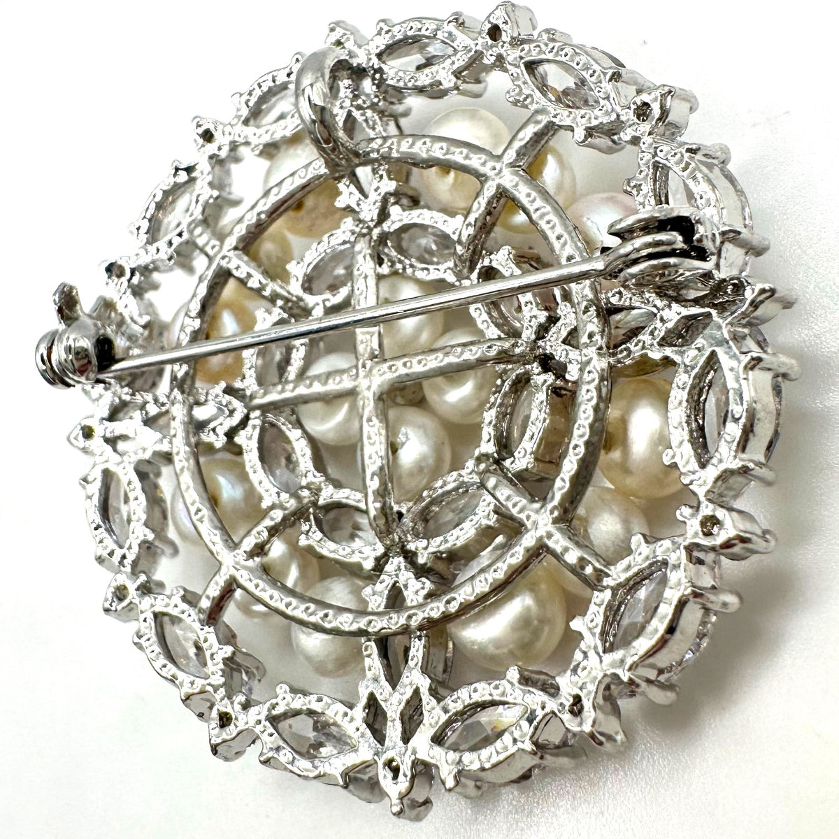 High end silver tone clear cubic zirconia CZs freshwater pearls brooch pendant