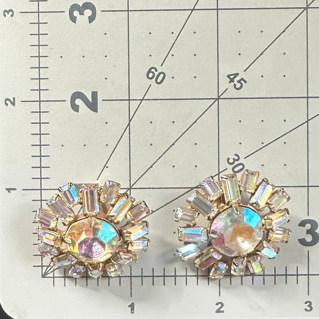 1950s vintage gold tone aurora borealis AB glass rhinestones clip on earrings