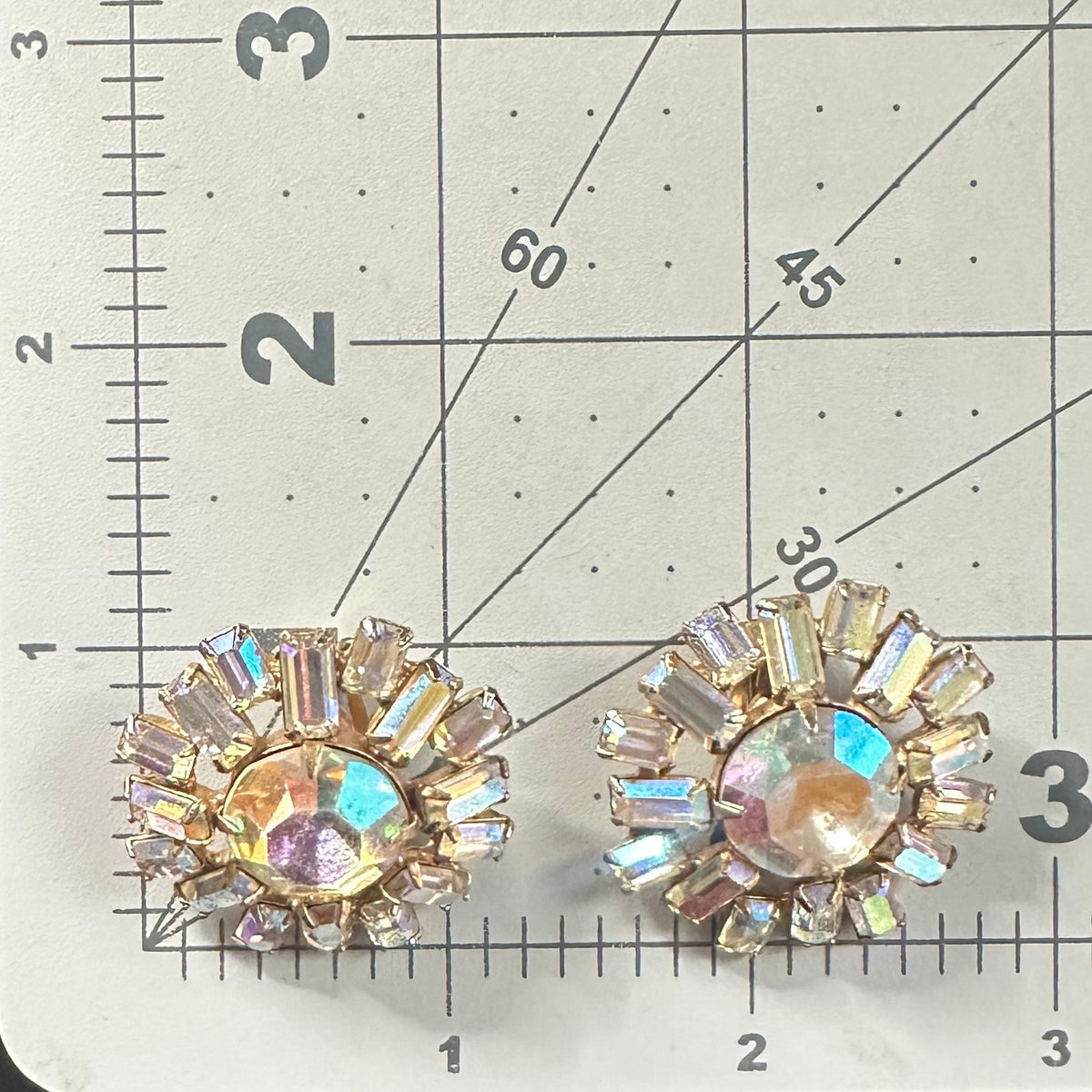 1950s vintage gold tone aurora borealis AB glass rhinestones clip on earrings