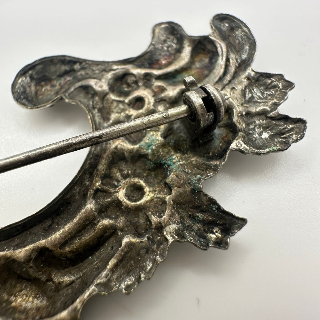 Vintage silver tone Art Nouveau Revival embossed scrollwork floral brooch