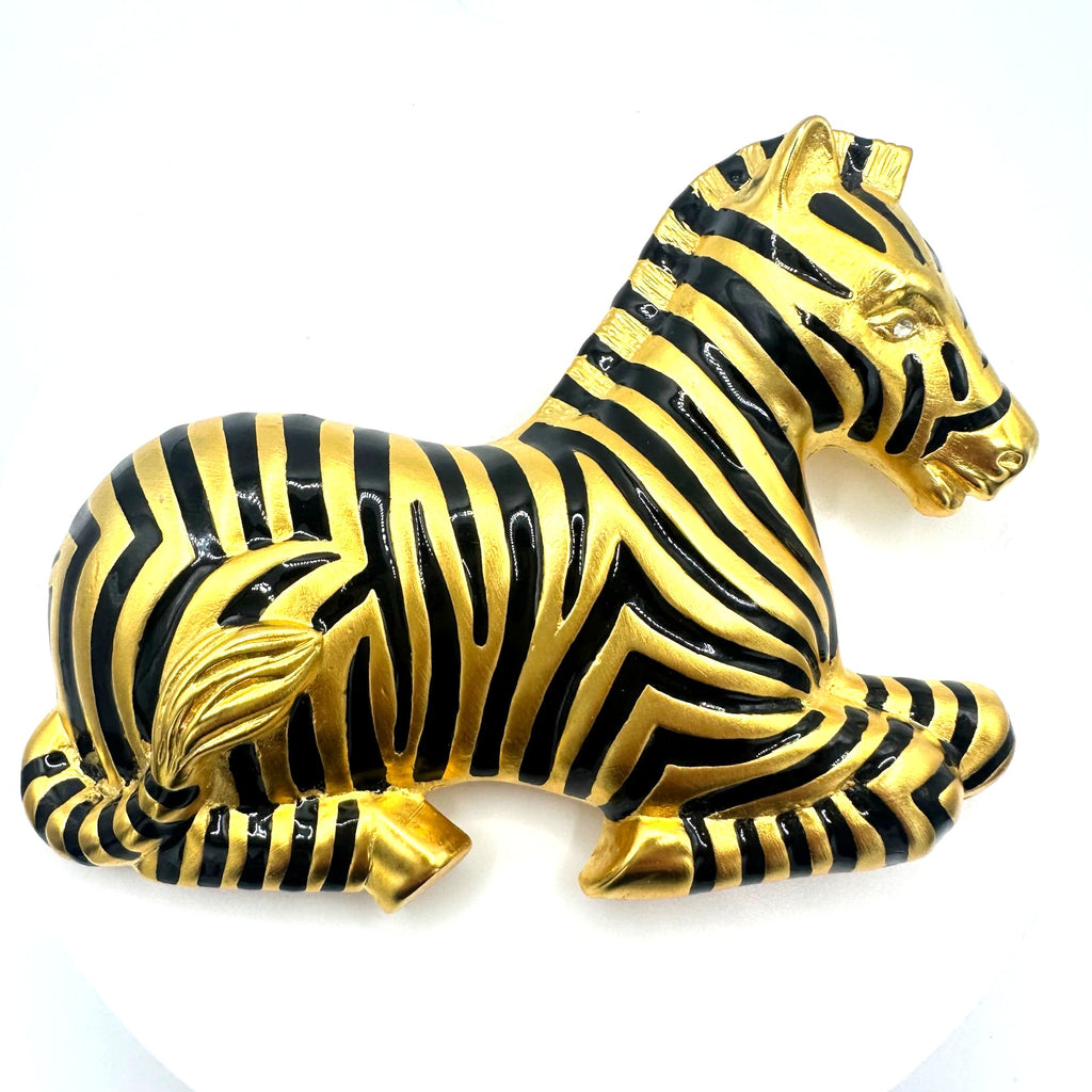 Doreen Ryan vintage massive large gold plated black enamel zebra figural brooch