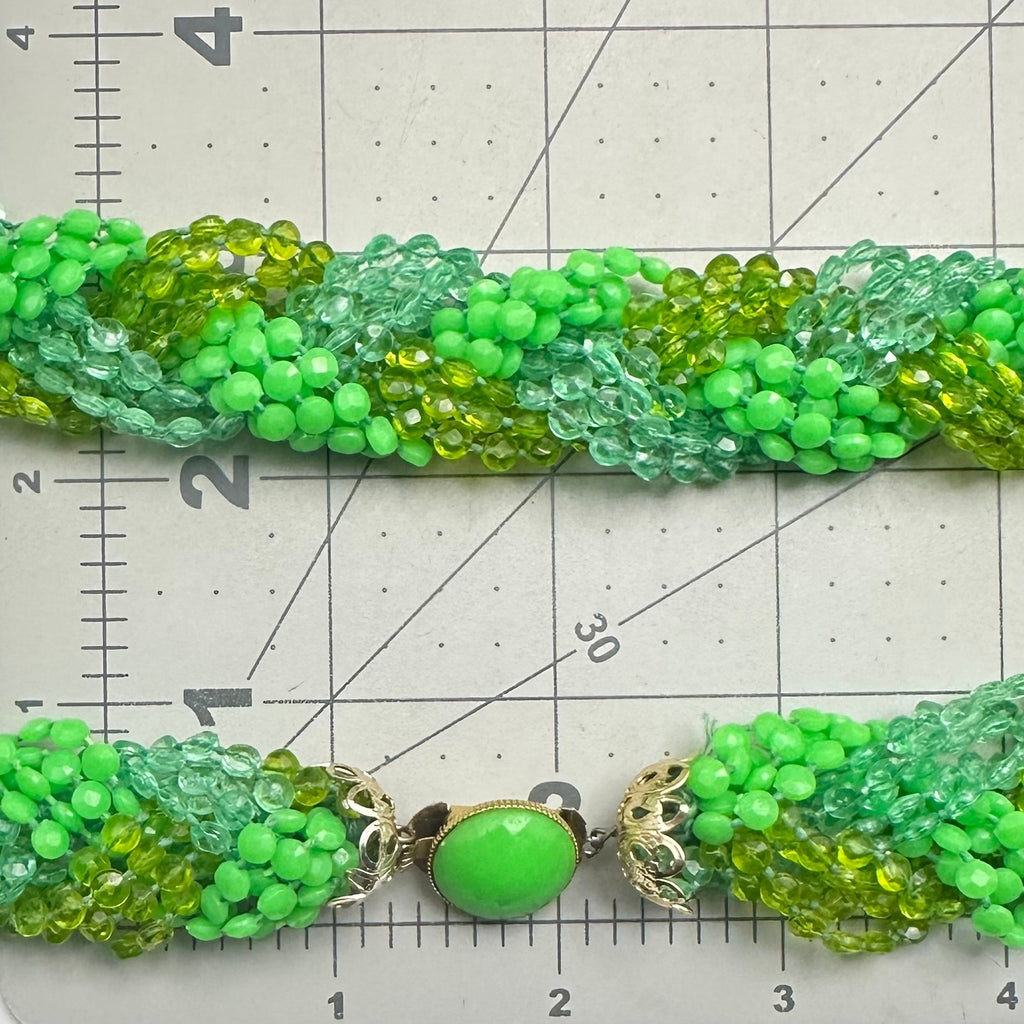 Hong Kong vintage 40" multi strand braided green lucite beads beaded necklace
