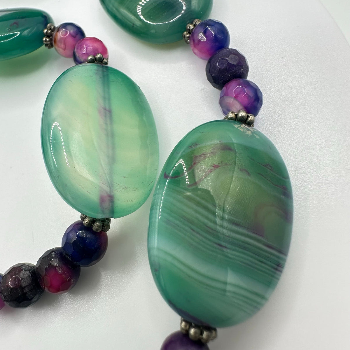 All semiprecious green pink purple dyed banded agate beads beaded necklace