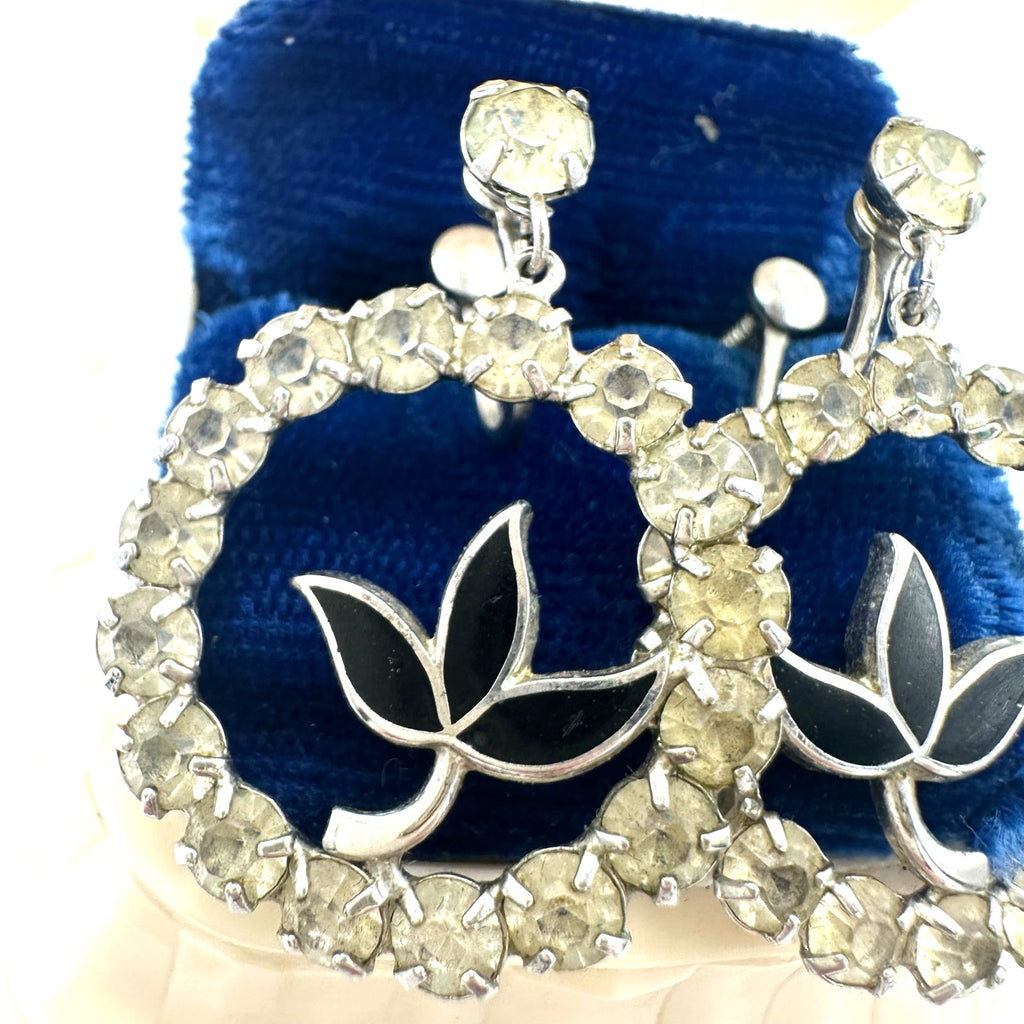1940s vintage sterling silver clear rhinestones black enamel screw back earrings