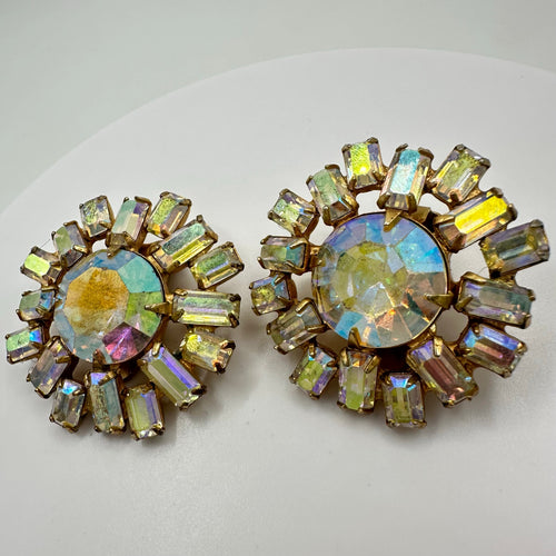1950s vintage gold tone aurora borealis AB glass rhinestones clip on earrings