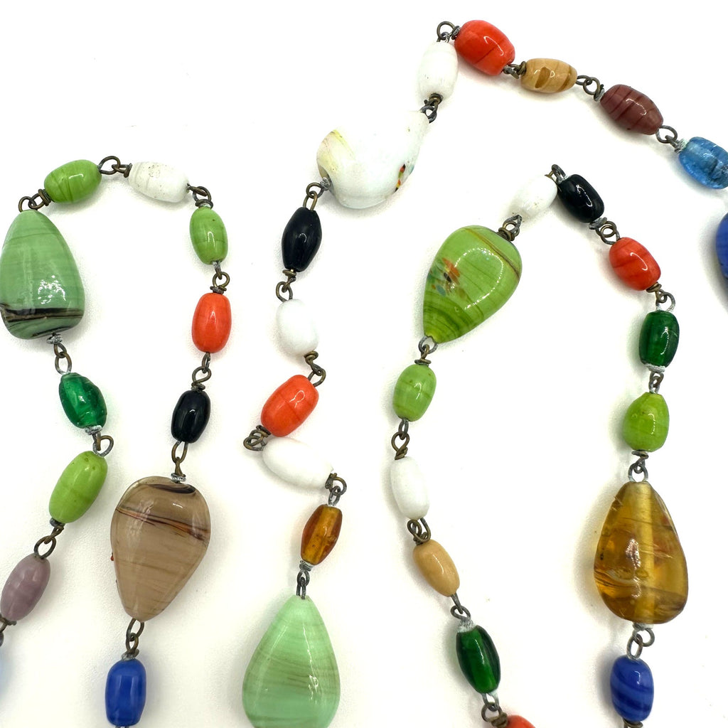 Antique Art Deco Czech art glass multicolor beads beaded brass 50" necklace