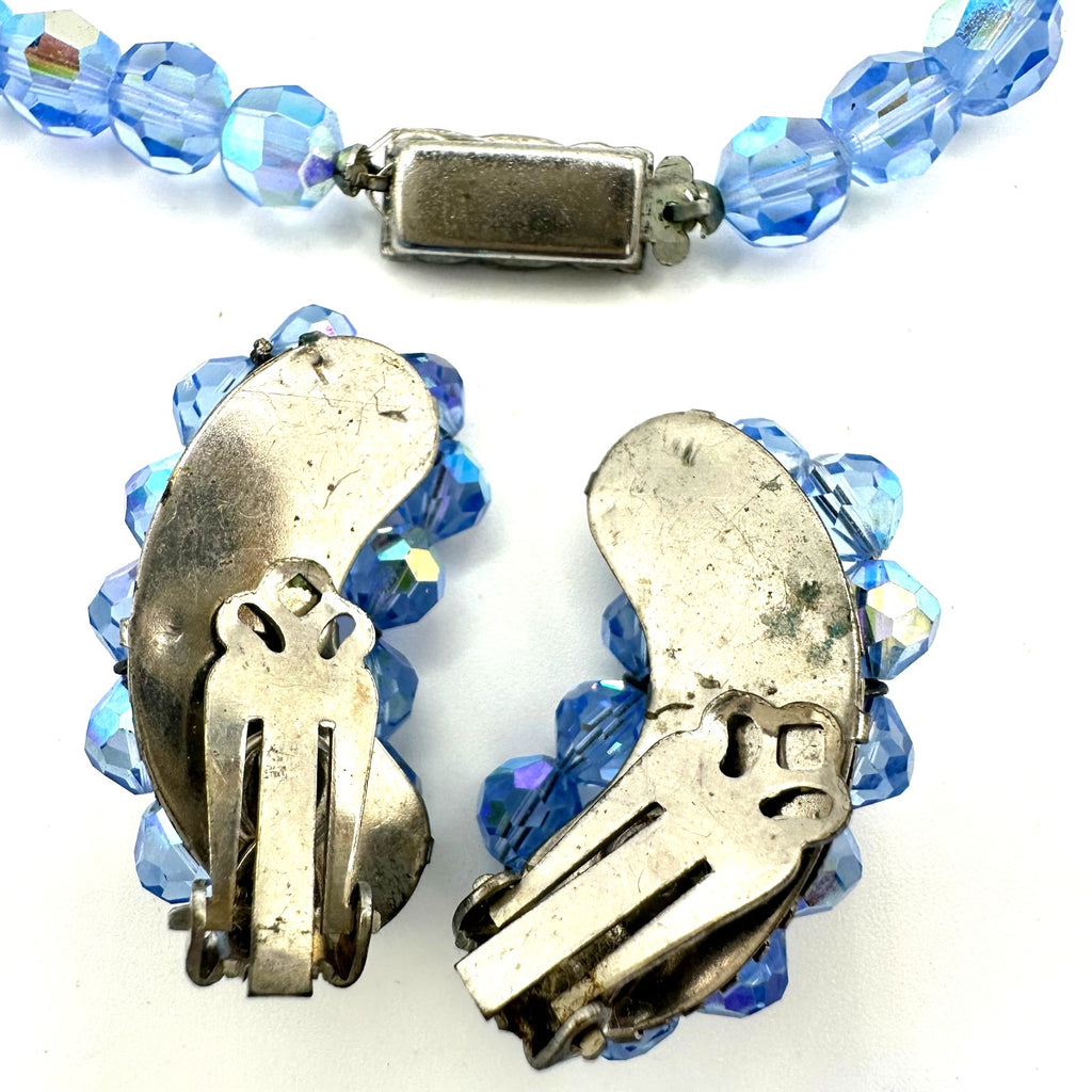 Vintage light blue aurora borealis AB glass beaded necklace clip on earrings