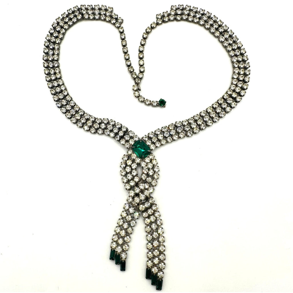 1950s vintage silver tone clear emerald green rhinestones fringe tassel necklace