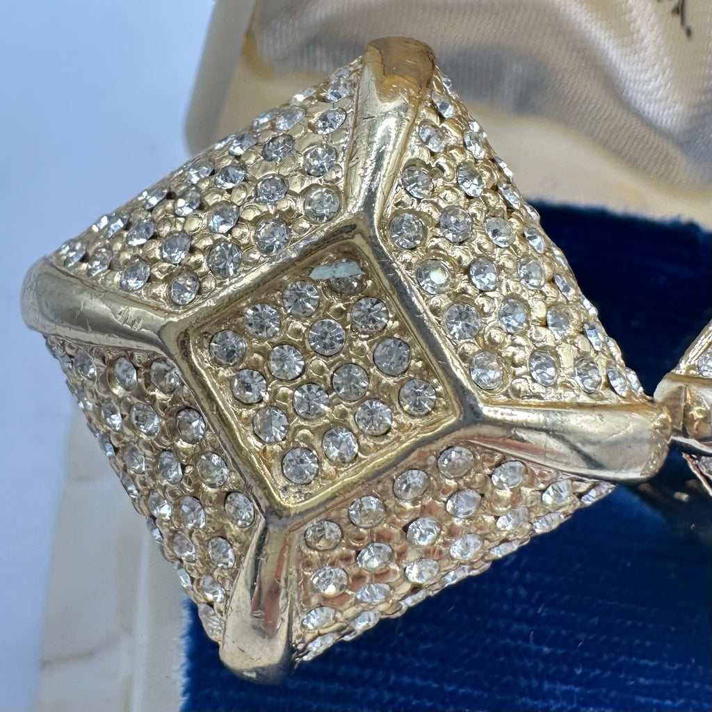 1980s 1990s vintage gold tone clear pavé rhinestones 3D square clip on earrings