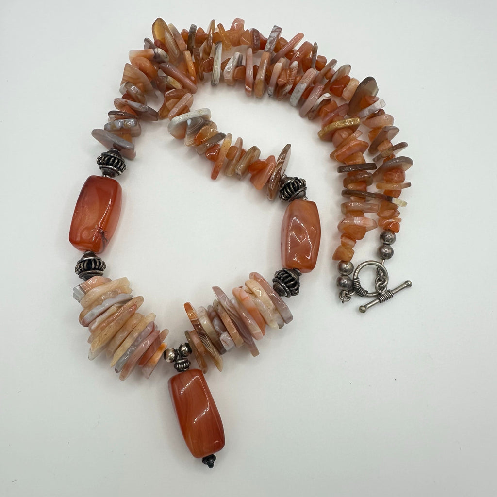 Vintage 925 sterling silver genuine carnelian agate beads beaded necklace 160g
