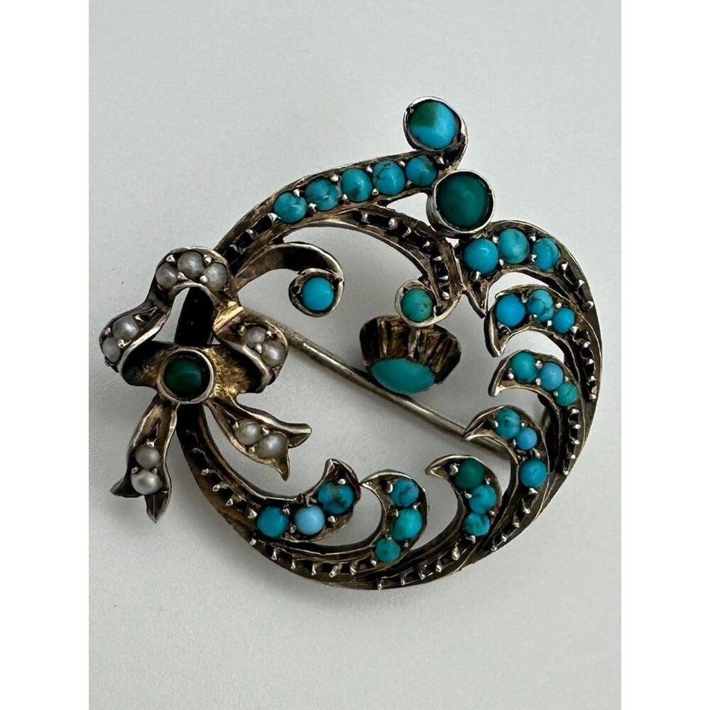 Antique Victorian 9kt gold genuine turquoise cabochons seed pearls bow brooch