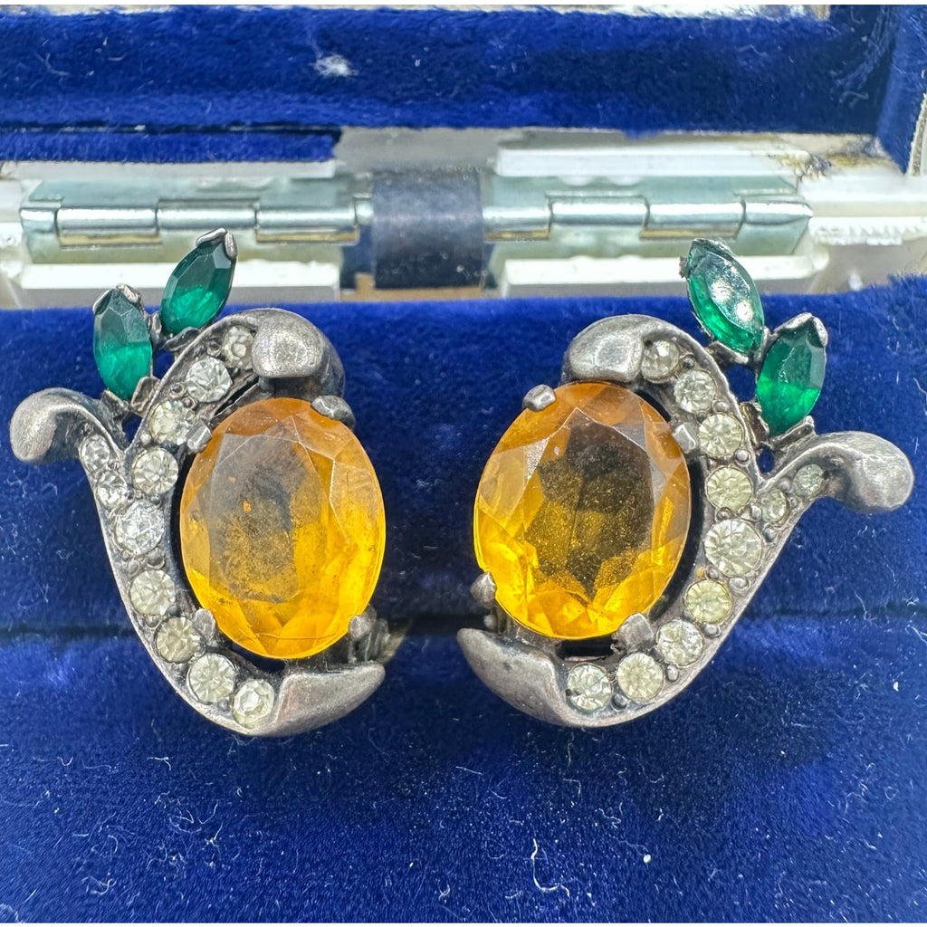 Joseph Mazer vintage sterling silver topaz emerald rhinestones clip on earrings
