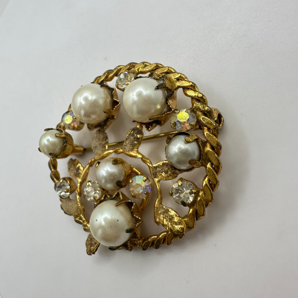 Austria 1950s gold tone aurora borealis AB clear rhinestones faux pearls brooch