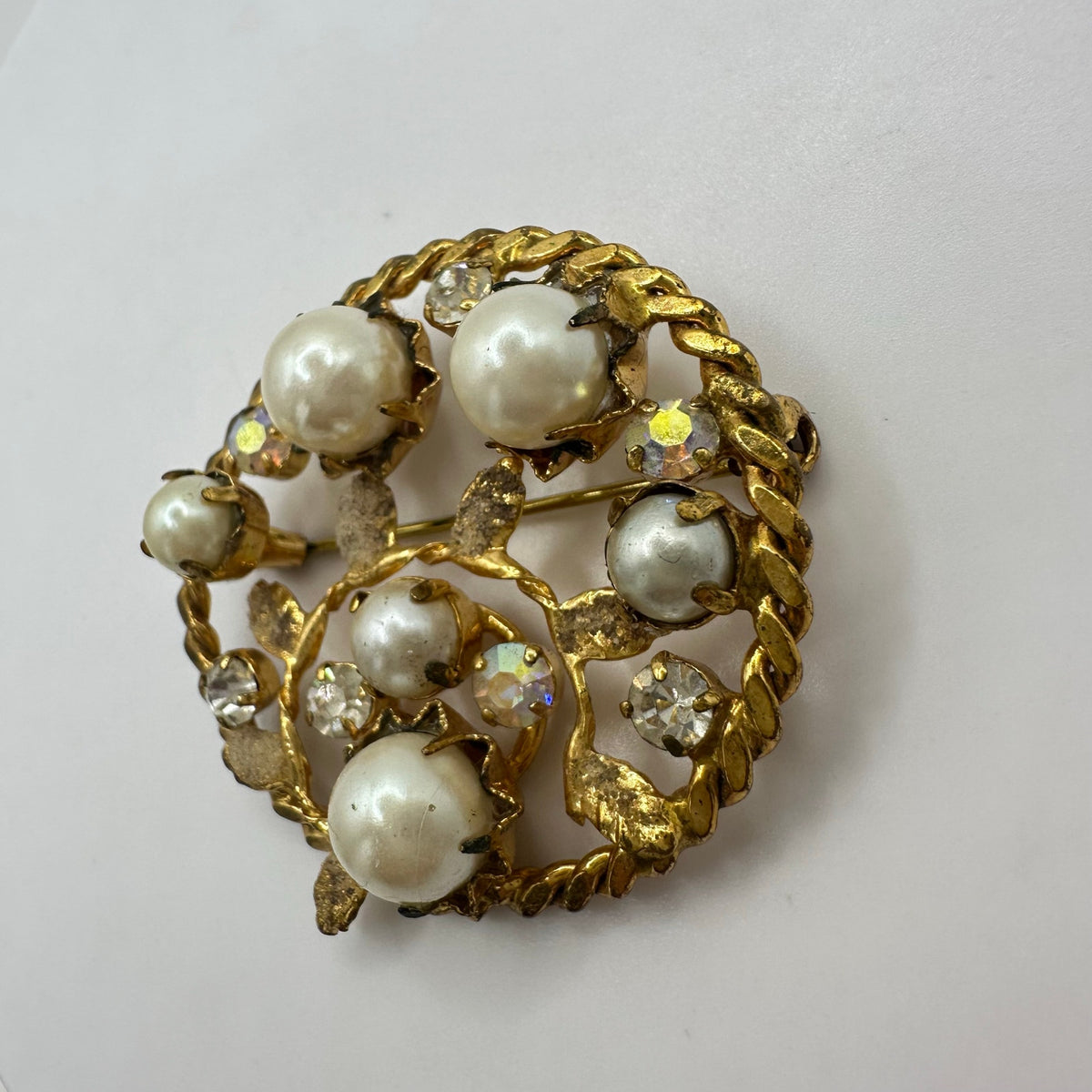 Austria 1950s gold tone aurora borealis AB clear rhinestones faux pearls brooch